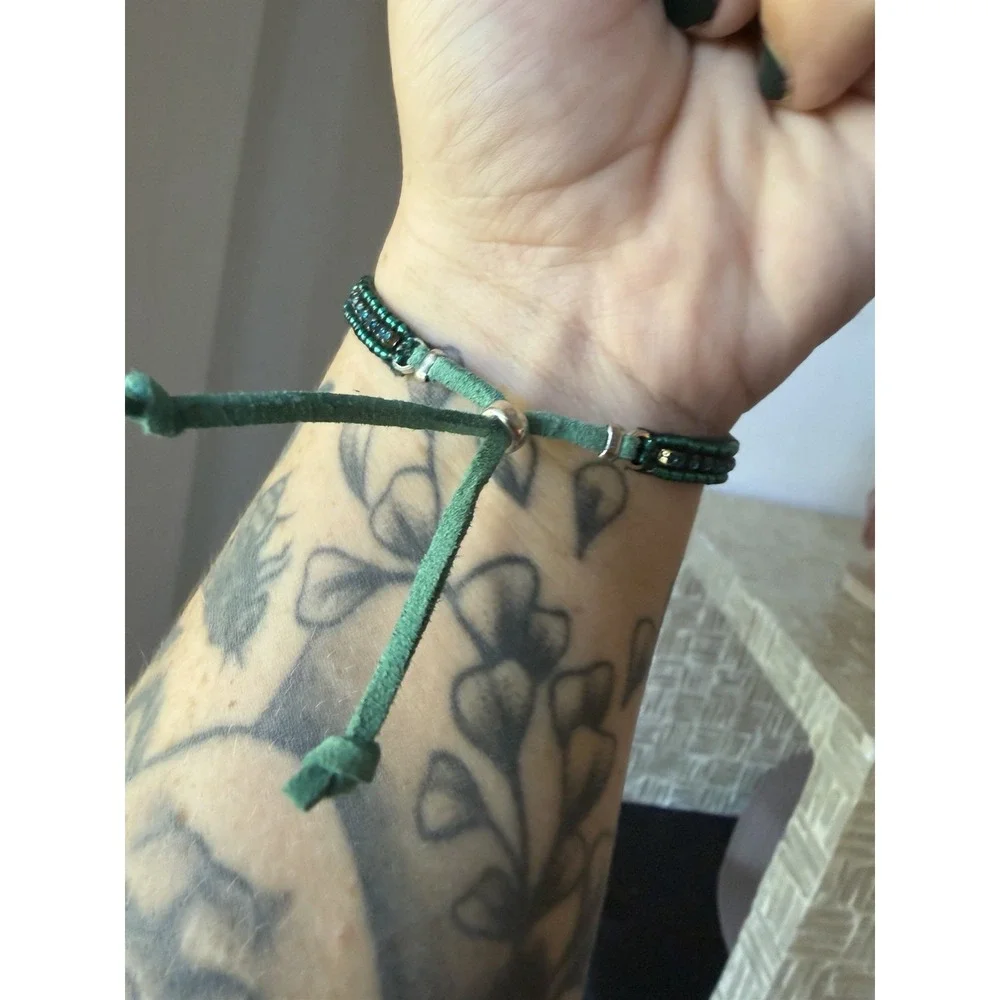 Emerald Green Beaded Bracelet Teal Crystal Adjustable Suede Cord Boho Bracelet